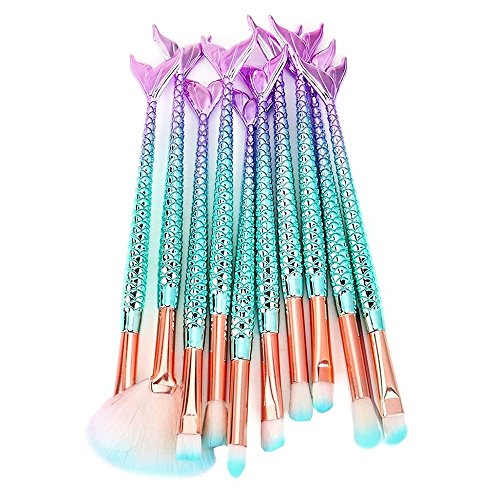 11pcs 3D Mermaid Makeup Brush Cosmetic Brushes Eyeshadow Eyeliner Blush Brushes - Drombeauty