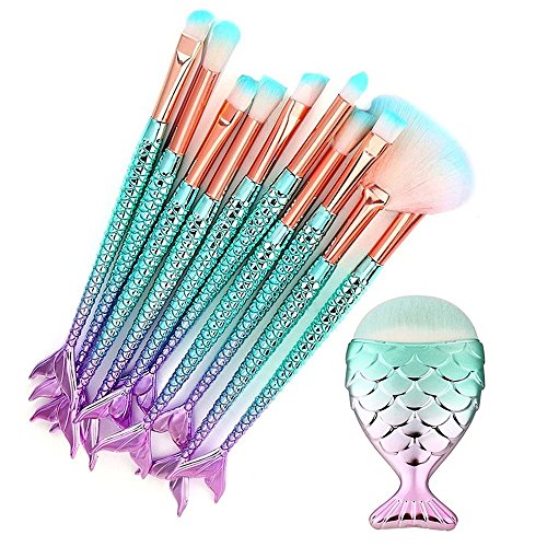 11pcs 3D Mermaid Makeup Brush Cosmetic Brushes Eyeshadow Eyeliner Blush Brushes - Drombeauty