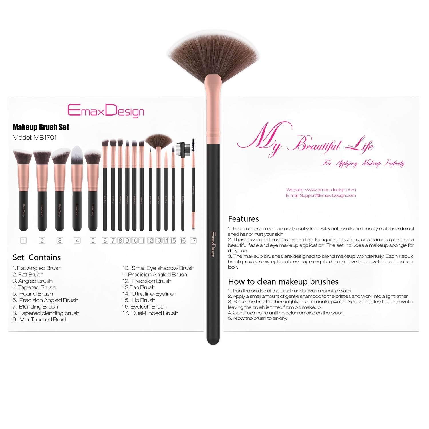 EmaxDesign Makeup Brushes 17 Pieces Premium Synthetic Foundation Brush - Drombeauty